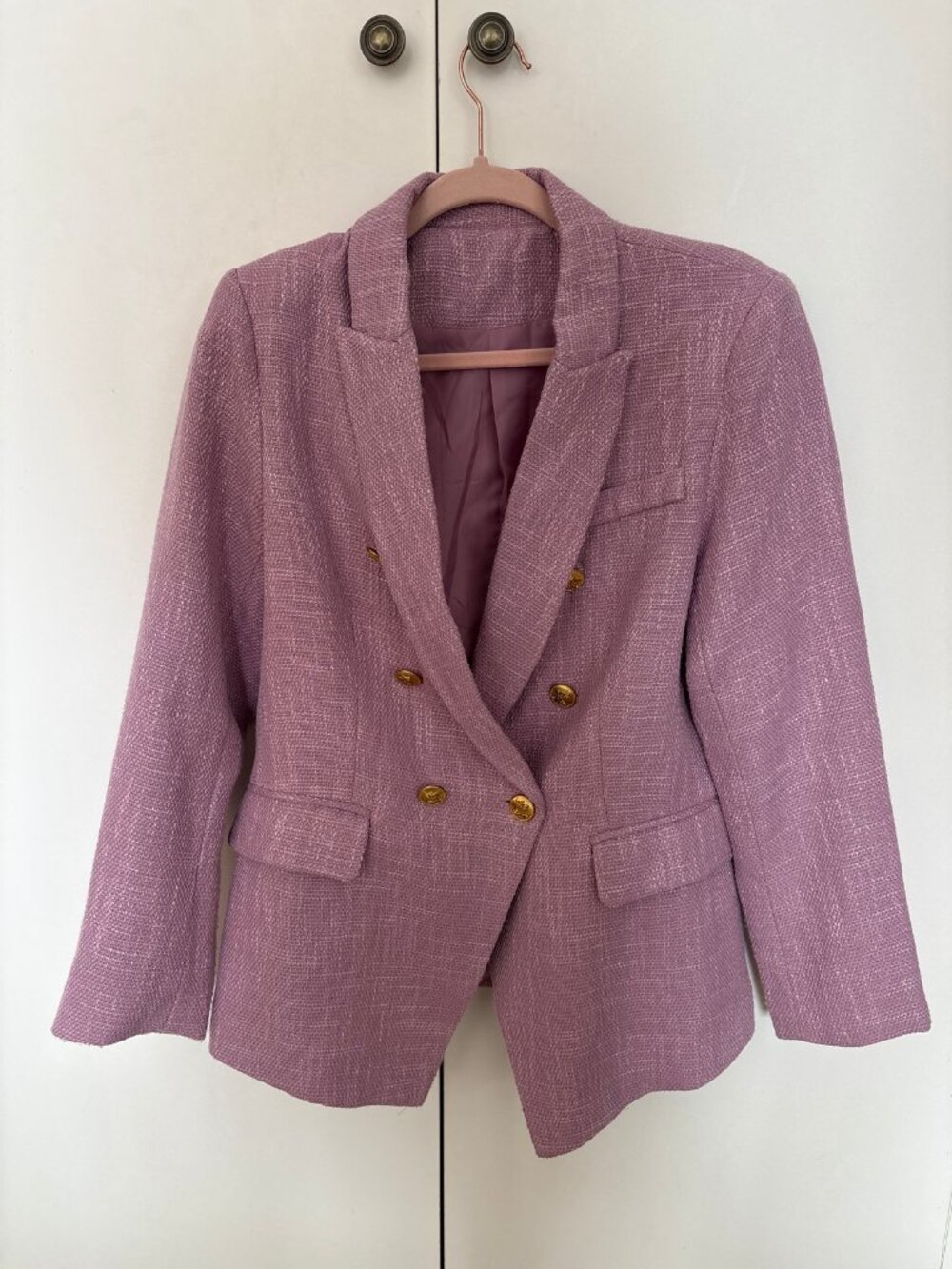 Lavender Rose Tweed-Style Double-Breasted Blazer Gold Crest Buttons Size L